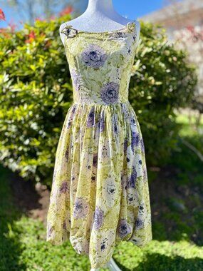 Vintage 1950s Handmade Fit And Flare Midi Cotton Sundress In Ferns And Peonies